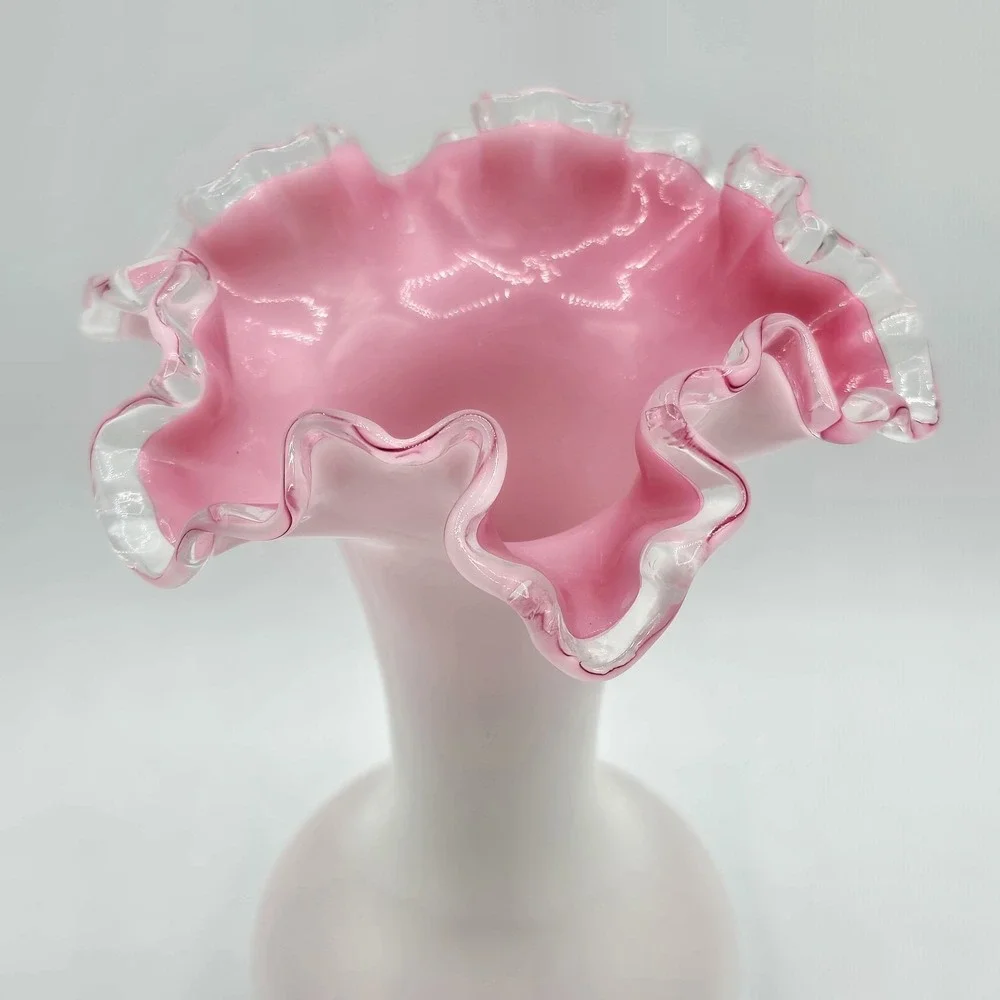 Fenton Peach Crest White And Pink Glass Double Ruffled Crimped 8